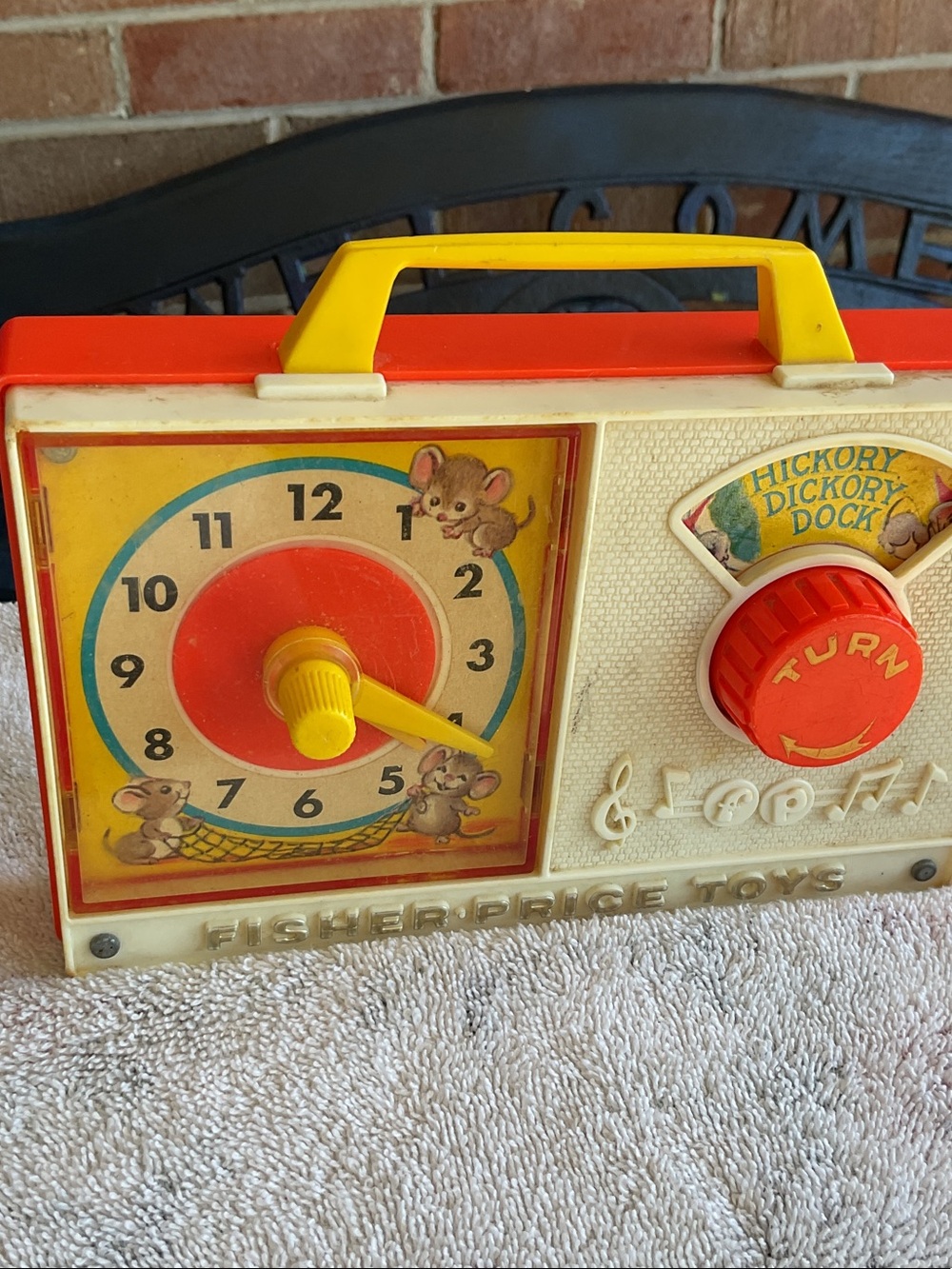 Fisher-Price Vintage Musical Clock Toy - Red, Yellow, Cream .  Works.
